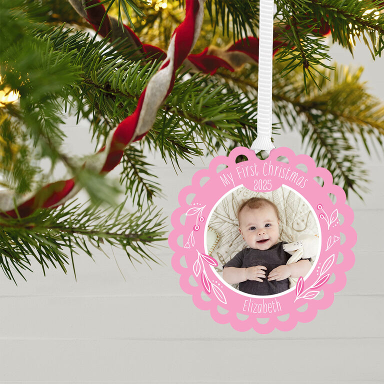 Hallmark Baby’s First Christmas Pink Scalloped Personalized Text And Photo Metal Ornament