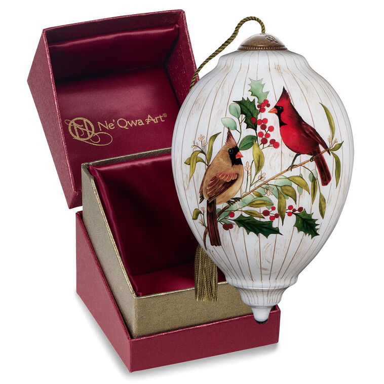 Ne'Qwa Art Happy Holly-Days To You Cardinals Glass Christmas Ornament