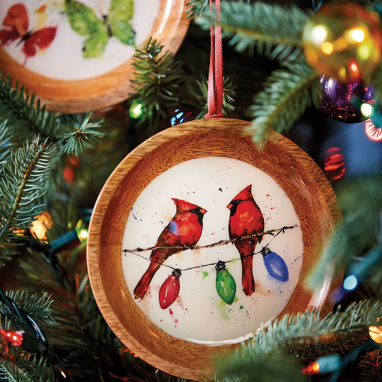 Cardinals On Light String Wood Ornament