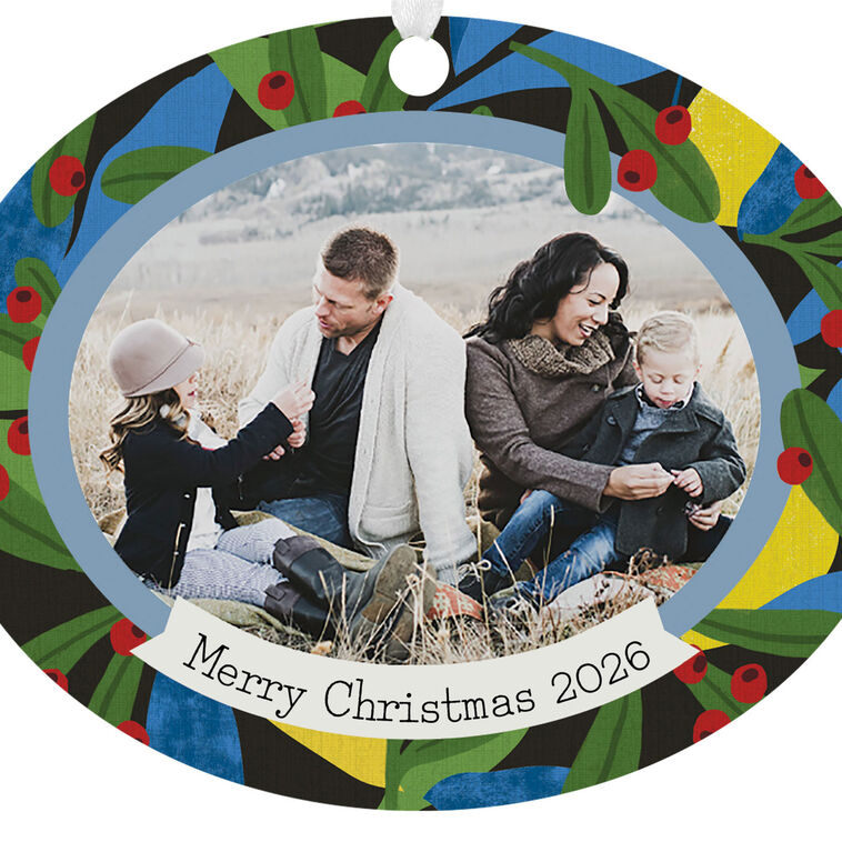 Hallmark Holiday Holly Horizontal Oval Metal Personalized Ornament, Custom Photo And Text