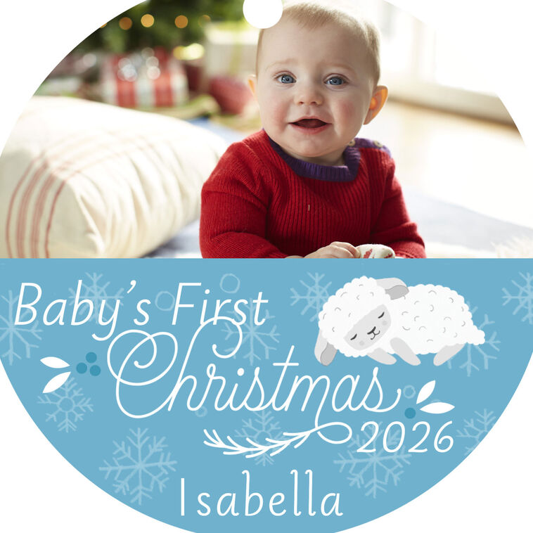 Hallmark Baby's First Christmas Round Metal Personalized Ornament, Custom Horizontal Photo And Text