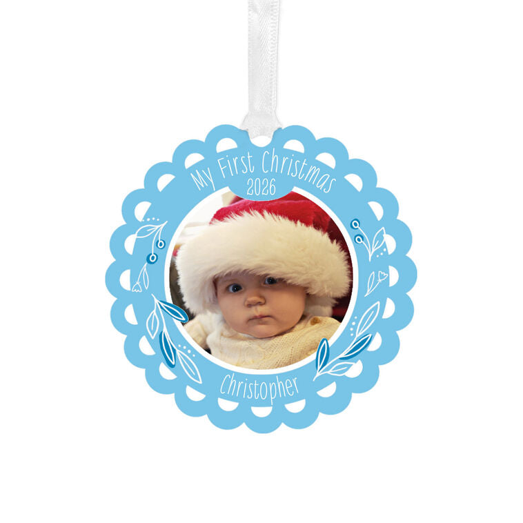Hallmark Baby's First Christmas Blue Scalloped Metal Personalized Ornament, Custom Photo And Text