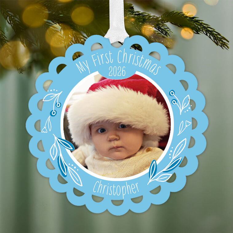 Hallmark Baby's First Christmas Blue Scalloped Metal Personalized Ornament, Custom Photo And Text