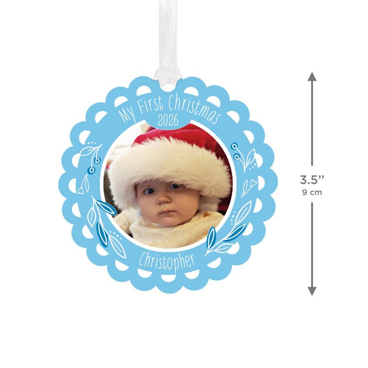 Hallmark Baby's First Christmas Blue Scalloped Metal Personalized Ornament, Custom Photo And Text