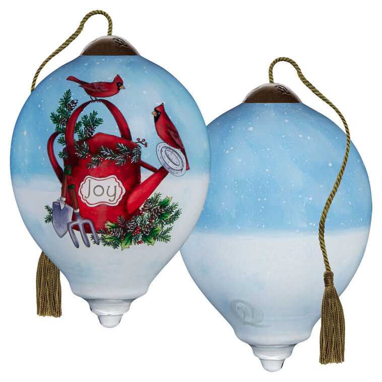  Ne'Qwa Art Cardinals On Watering Can Glass Christmas Ornament