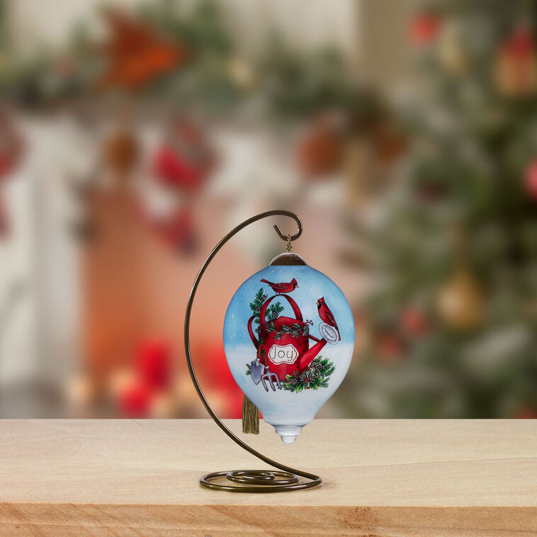  Ne'Qwa Art Cardinals On Watering Can Glass Christmas Ornament