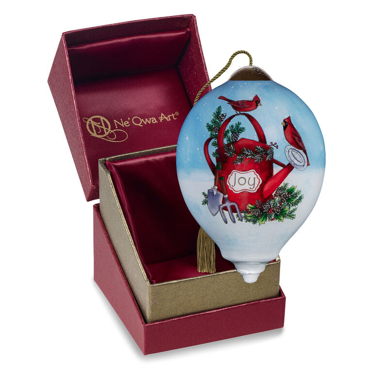  Ne'Qwa Art Cardinals On Watering Can Glass Christmas Ornament