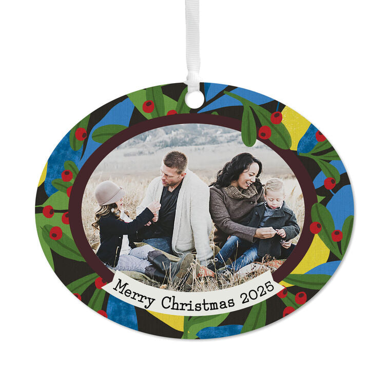 Hallmark Holiday Holly Horizontal Oval Metal Personalized Ornament, Custom Photo And Text