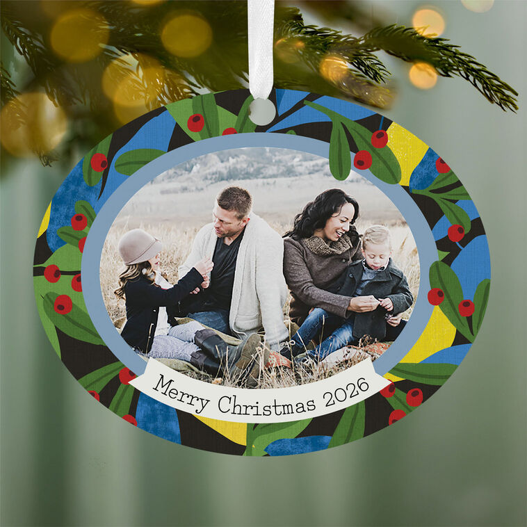 Hallmark Holiday Holly Horizontal Oval Metal Personalized Ornament, Custom Photo And Text