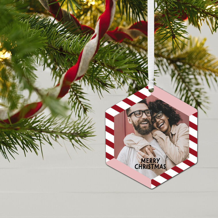 Hallmark Candy Cane Stripes Metal Personalized Ornament, Custom Photo And Text