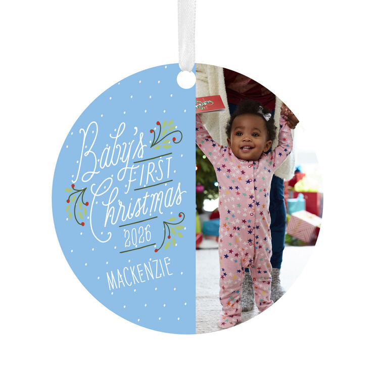 Hallmark Baby's First Christmas Round Metal Personalized Ornament, Custom Vertical Photo And Text