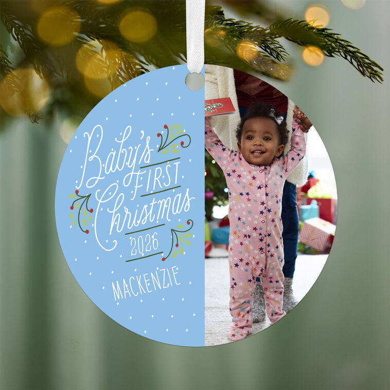 Hallmark Baby's First Christmas Round Metal Personalized Ornament, Custom Vertical Photo And Text