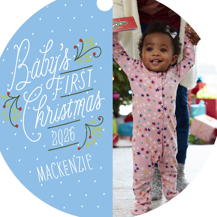 Hallmark Baby's First Christmas Round Metal Personalized Ornament, Custom Vertical Photo And Text