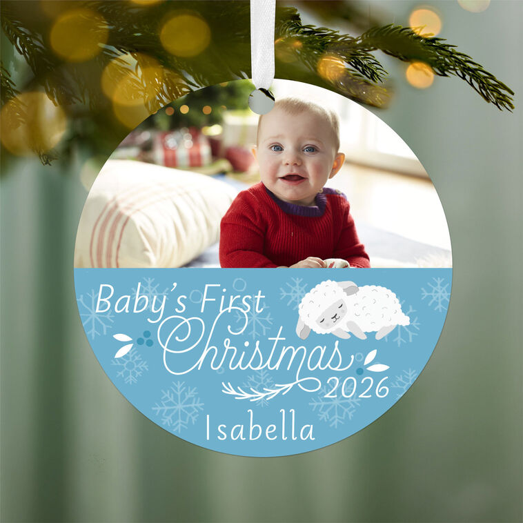 Hallmark Baby's First Christmas Round Metal Personalized Ornament, Custom Horizontal Photo And Text