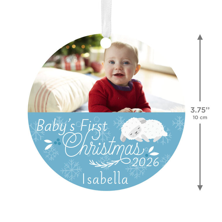 Hallmark Baby's First Christmas Round Metal Personalized Ornament, Custom Horizontal Photo And Text