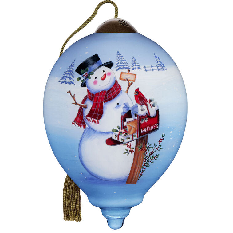 Ne'Qwa Art Christmas Wishes Snowman At Mailbox Glass Ornament