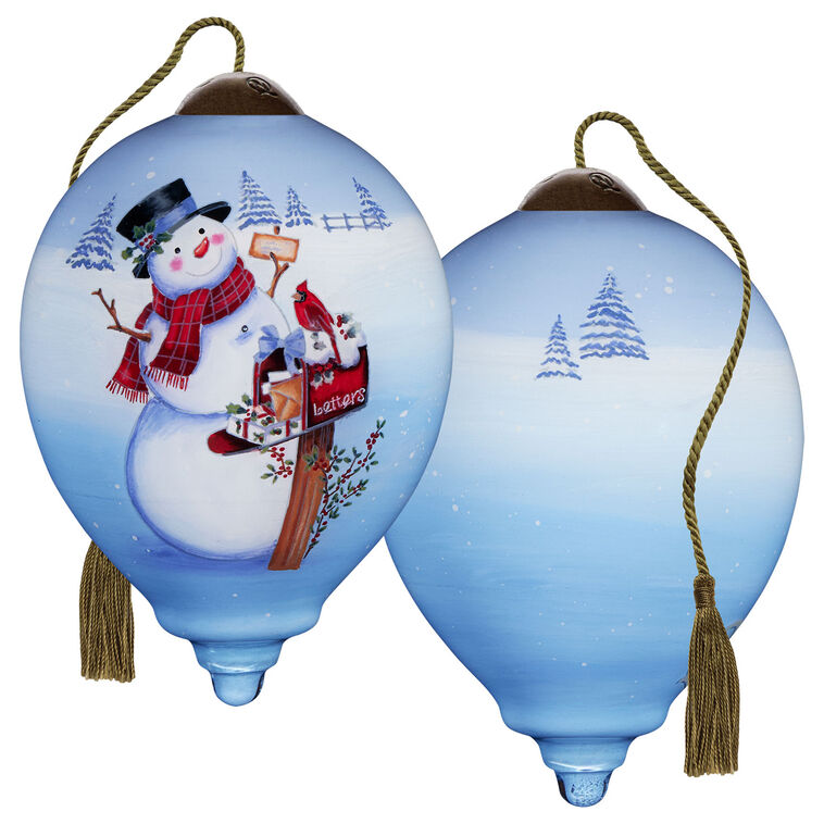  Ne'Qwa Art Christmas Wishes Snowman At Mailbox Glass Ornament