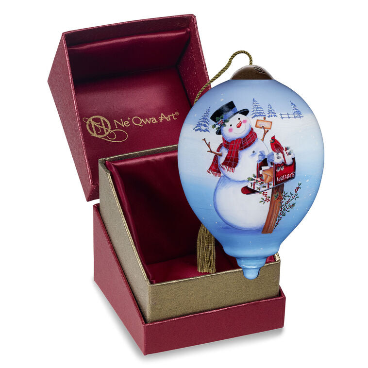  Ne'Qwa Art Christmas Wishes Snowman At Mailbox Glass Ornament